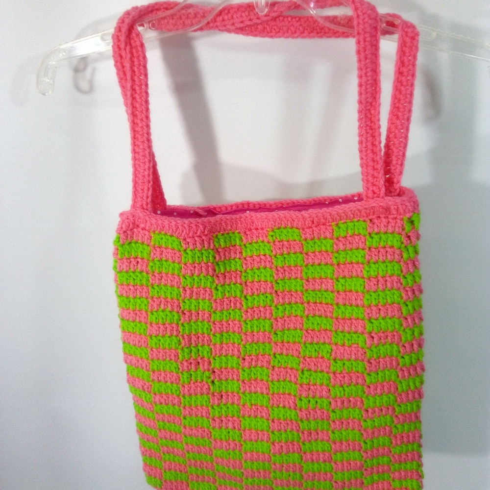 Handmade Crochet Tote Bag Pink And Green Checked Lined